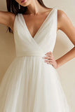 White A Line Tulle V-Neck Long Rehearsal Dinner Dress
