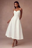 White A Line Spaghetti Straps Satin Long Wedding Reception Dress