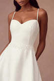 White A Line Spaghetti Straps Satin Long Wedding Reception Dress