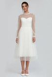 White Tulle Illusion Neck A Line Midi Engagement Dress with Beading