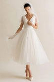 White Tulle V-Neck A Line Dots Long Wedding Dress