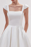 White Satin A Line Long Square Neck Wedding Reception Dress