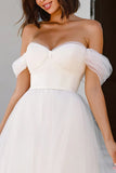 White A Line Tulle Midi Off the Shoulder Engagement Dress