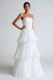 White Tiered Chiffon A Line Long Strapless Wedding Reception Dress