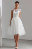 White Tulle A Line Cap Sleeves Midi Engagement Dress with Lace