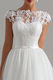 White Tulle A Line Cap Sleeves Midi Engagement Dress with Lace