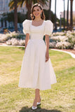 Cute White A Line Midi Puff Sleeves Engagement Dress
