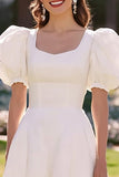 Cute White A Line Midi Puff Sleeves Engagement Dress