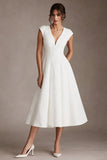 White V-Neck A Line Midi Cap Sleeves Wedding Reception Dress