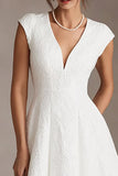 White V-Neck A Line Midi Cap Sleeves Wedding Reception Dress