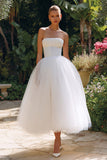 White A Line Tulle Strapless Long Engagement Dress