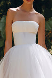 White A Line Tulle Strapless Long Engagement Dress
