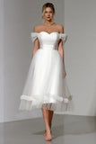 Cute White Off the Shoulder A Line Midi Engagement Dress