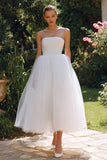 White A Line Tulle Strapless Long Simple Engagement Dress