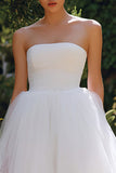 White A Line Tulle Strapless Long Simple Engagement Dress