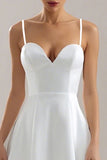 White Satin A Line Spaghetti Straps Midi Simple Wedding Reception Dress