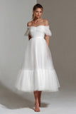 White Tulle Off the Shoulder A Line Midi Bridal Shower Dress
