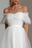 White Tulle Off the Shoulder A Line Midi Bridal Shower Dress