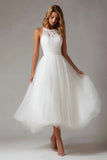 White A Line Tulle Round Neck Midi Engagement Dress with Lace