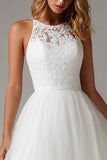 White A Line Tulle Round Neck Midi Engagement Dress with Lace
