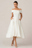 White Satin A Line Midi Wedding Reception Dress with Pockets