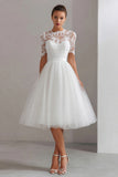 White Midi A Line Tulle Short Sleeves Engagement Dress with Lace