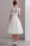 White Midi A Line Tulle Short Sleeves Engagement Dress with Lace