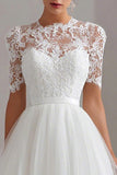 White Midi A Line Tulle Short Sleeves Engagement Dress with Lace