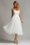 White A Line Midi Spaghetti Straps Engagement Dress with Lace