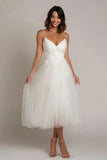 White Spaghetti Straps Tulle A Line Midi Engagement Dress with Lace