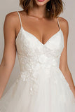 White Spaghetti Straps Tulle A Line Midi Engagement Dress with Lace