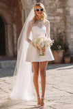 Sparkly White A Line Short Satin Wedding Dress with Lace