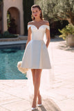 Simple White Off the Shoulder Satin A Line Short Wedding Dress