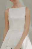 White A Line Bateau Neck Satin Short Wedding Dress
