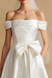 White Off the Shoulder Satin Maxi Wedding Dress with Bow