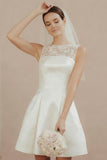 White A Line Round Neck Satin Short Wedding Dress with Lace