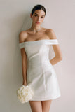 Simple White Satin Bodycon Off the Shoulder Short Wedding Dress