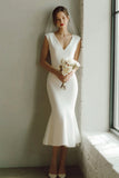 White Mermaid Satin V-Neck Midi Wedding Dress