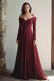 Burgundy Long Off the Shoulder Formal Dress with Sleeves