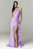 Sparkly Lilac Ruffled Halter Mermaid Maxi Formal Dress with Slit