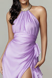 Sparkly Lilac Ruffled Halter Mermaid Maxi Formal Dress with Slit