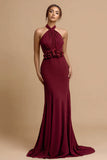 Burgundy Satin Mermaid Halter Long Formal Dress with 3D Flowers