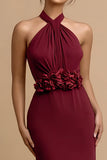 Burgundy Satin Mermaid Halter Long Formal Dress with 3D Flowers