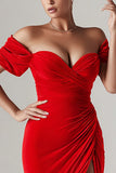 Red Mermaid Off the Shoulder Long Holiday Party Dress with Slit