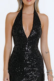 Sparkly Black Sequin Bodycon Halter Short Cocktail Dress