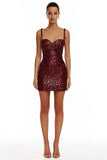 Sparkly Burgundy Bodycon Sequin Spaghetti Straps Short Cocktail Dress