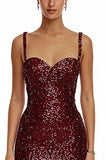 Sparkly Burgundy Bodycon Sequin Spaghetti Straps Short Cocktail Dress