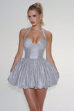 Sparkly Light Grey Halter Short Sequin Cocktail Dress