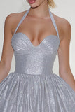 Sparkly Light Grey Halter Short Sequin Cocktail Dress