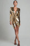 Sparkly Gold Ruched Sequin V Neck Short Cocktail Dress with Sleeves